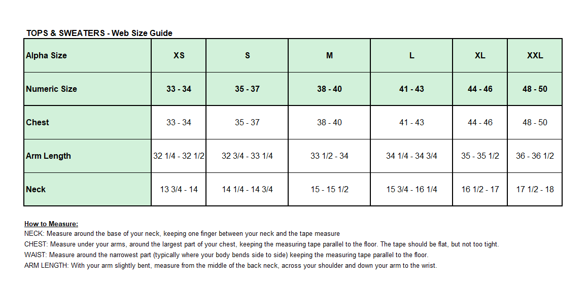 Product size guide