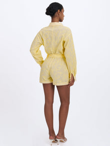 Malou Embroidered Poplin Belted Shirt Romper | Lemon Yellow