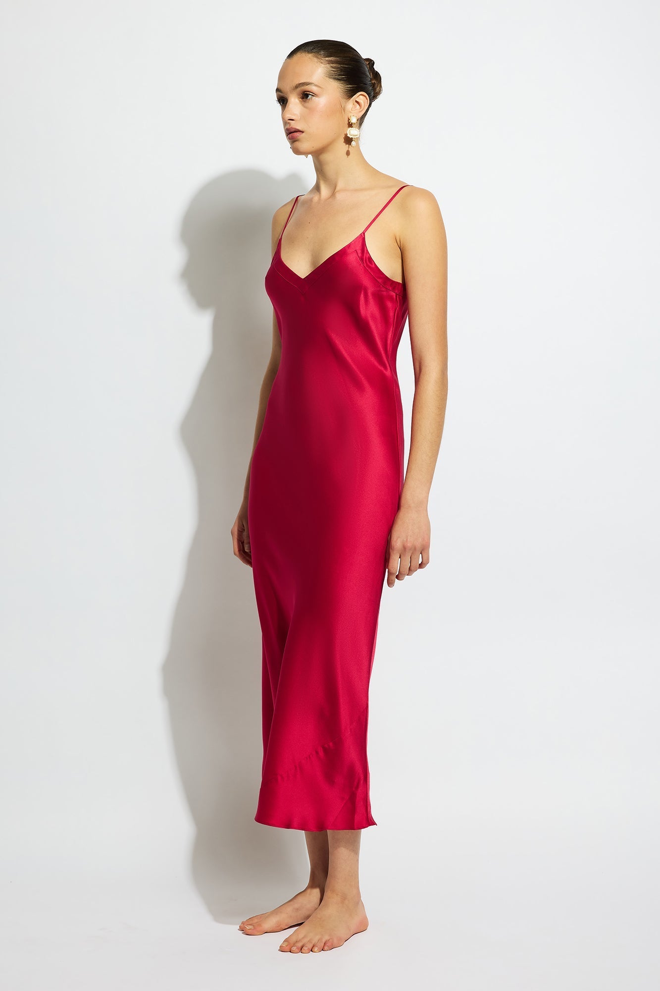 Silk Long Nite V Neck | Ruby
