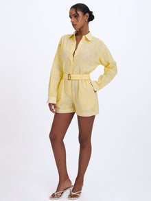 Malou Embroidered Poplin Belted Shirt Romper | Lemon Yellow