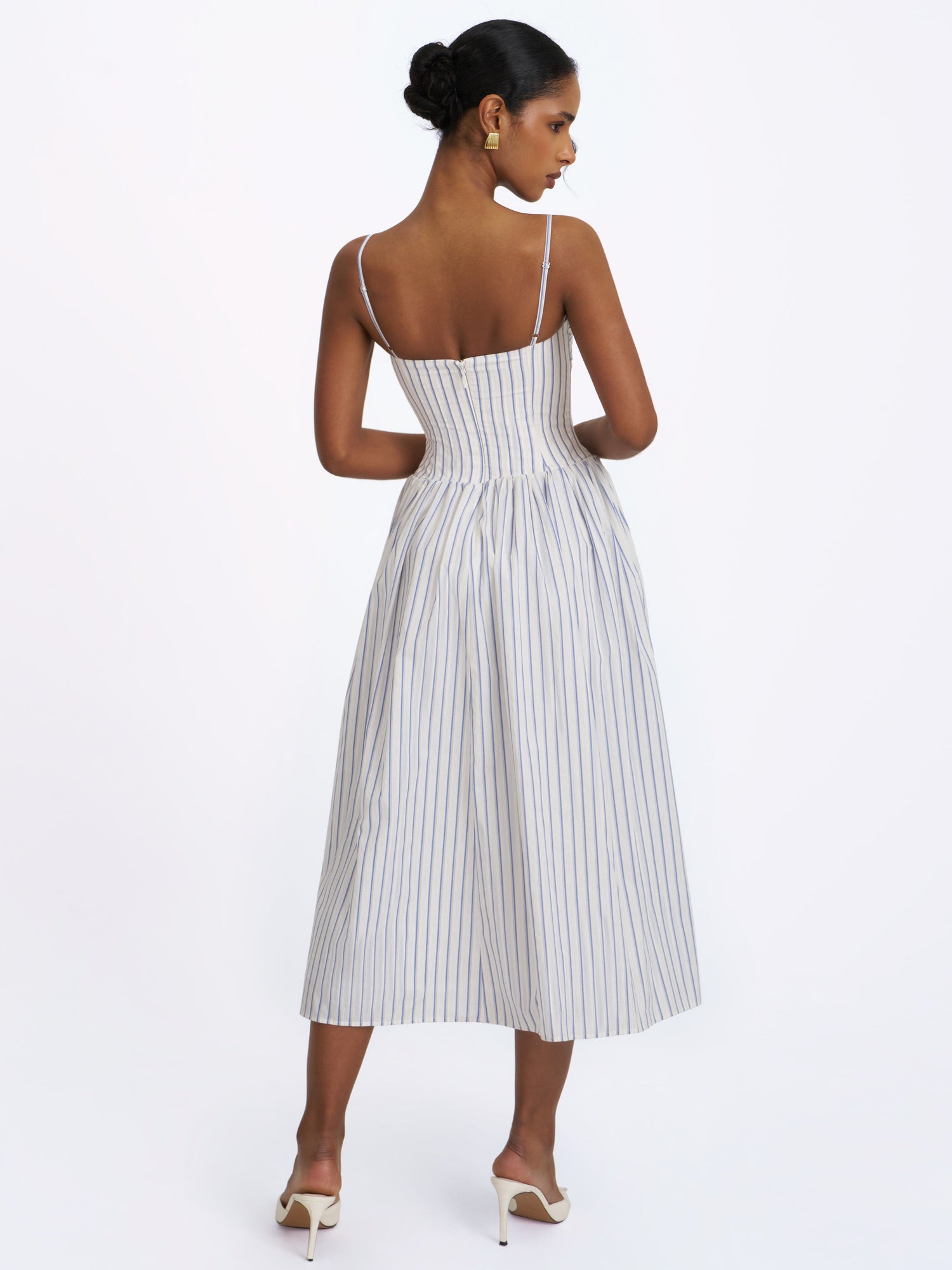 Olea Striped Cotton Poplin Ruched Midi Dress | Sky Blue