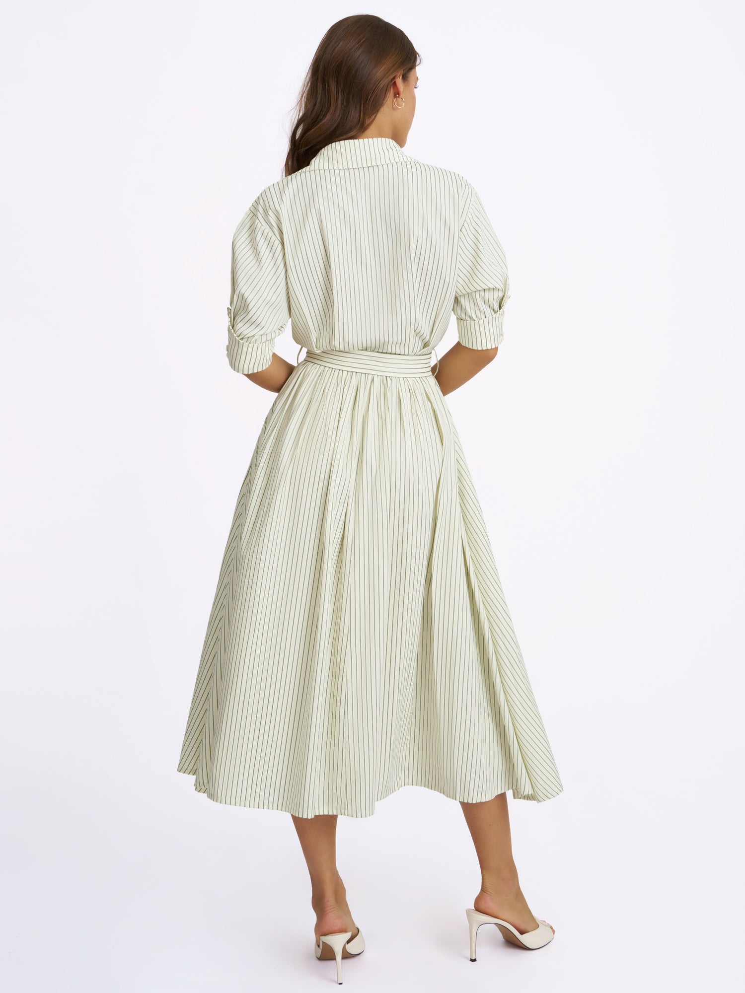 Danica Bamboo Poplin Striped Shirt Midi Dress | Pine Green
