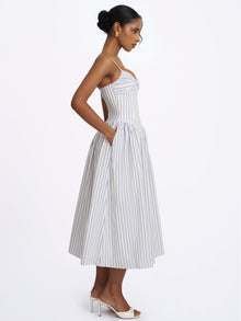 Olea Striped Cotton Poplin Ruched Midi Dress | Sky Blue