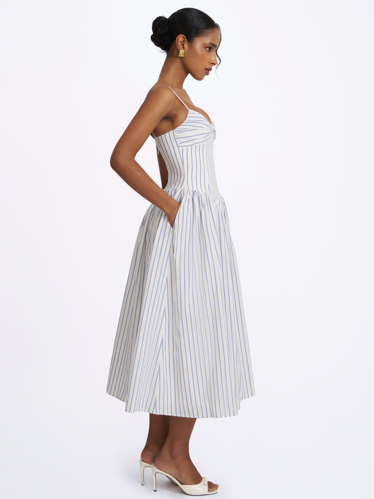 Olea Striped Cotton Poplin Ruched Midi Dress | Sky Blue