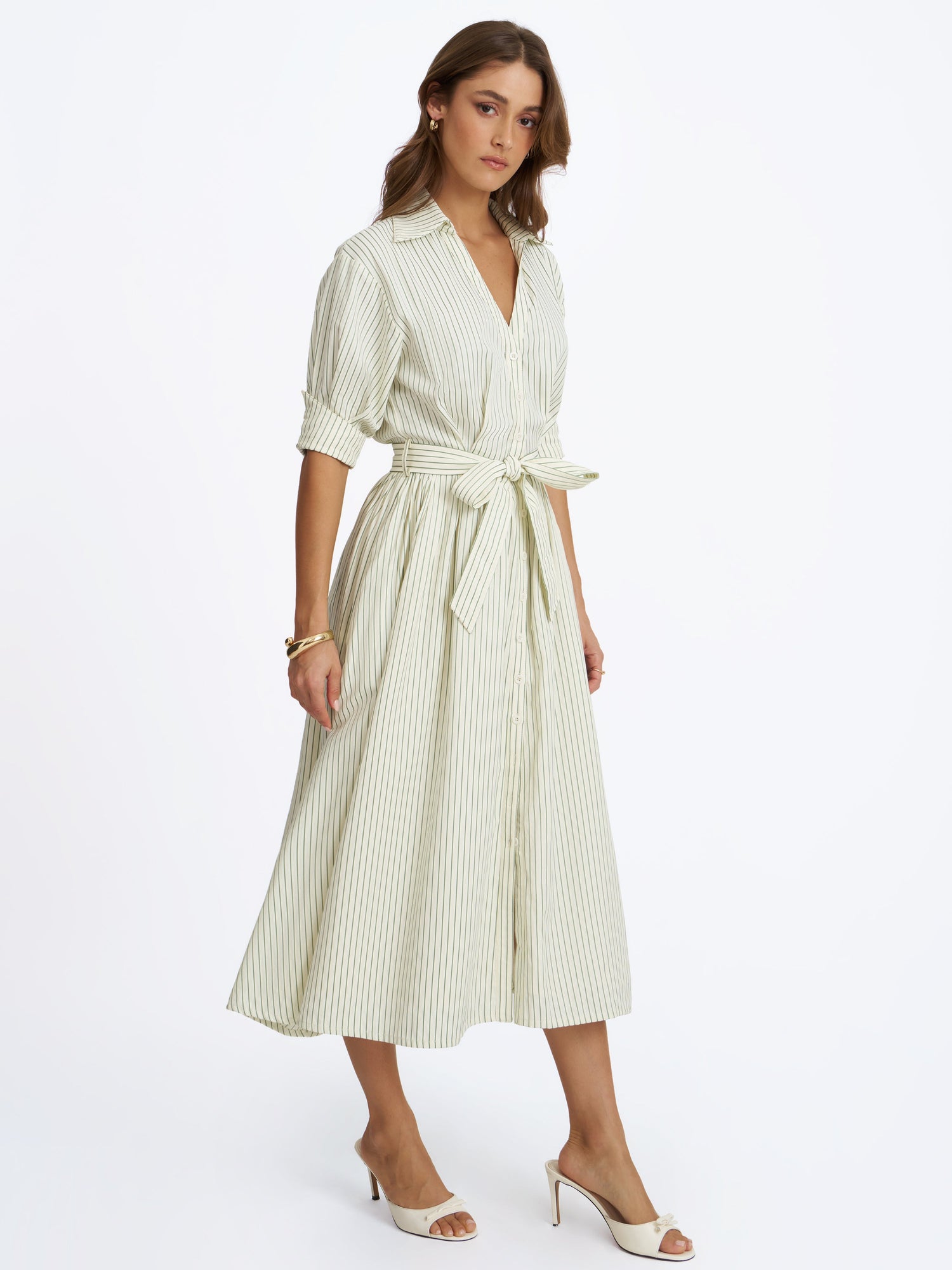Danica Bamboo Poplin Striped Shirt Midi Dress | Pine Green