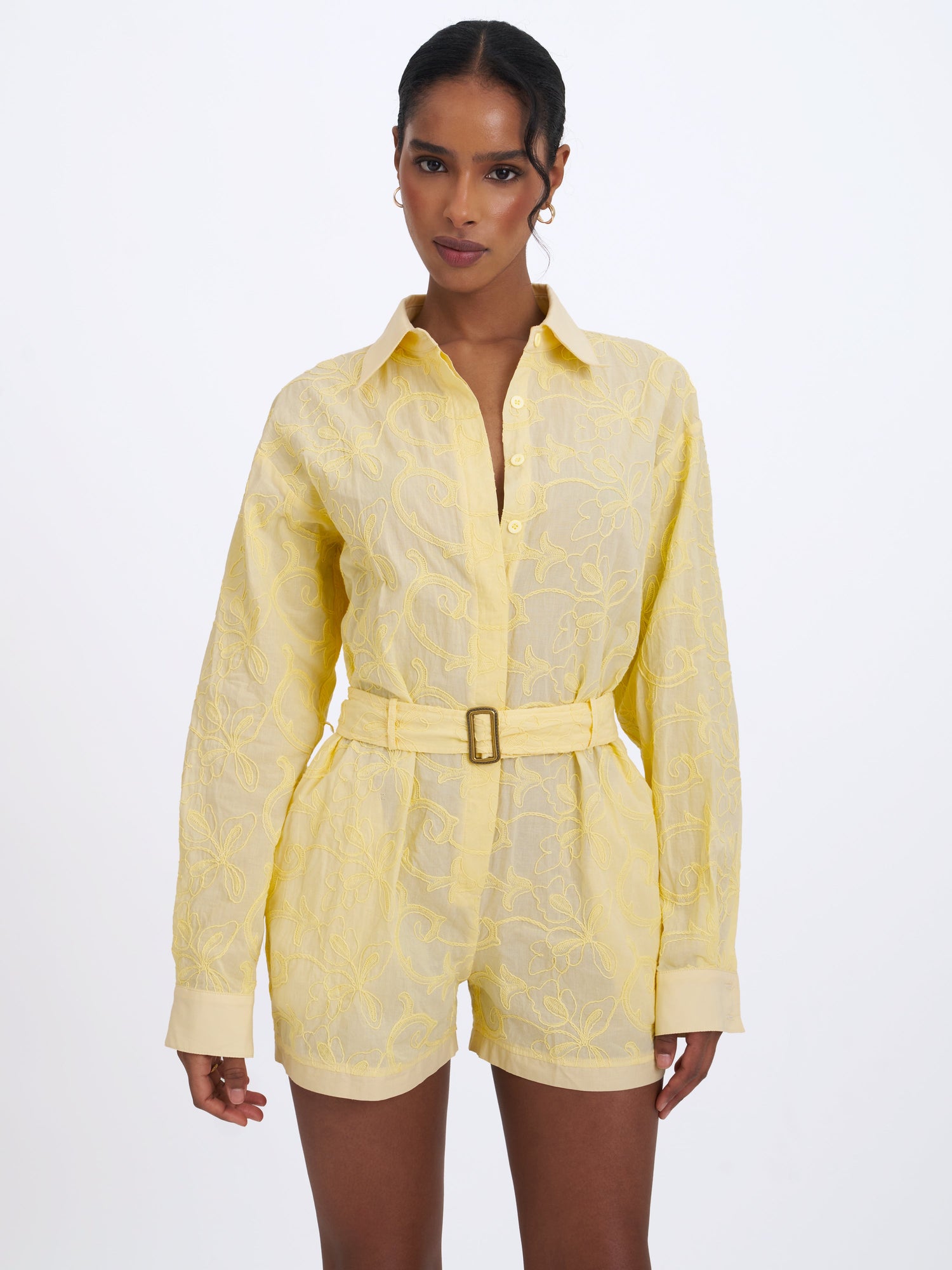 Malou Embroidered Poplin Belted Shirt Romper | Lemon Yellow