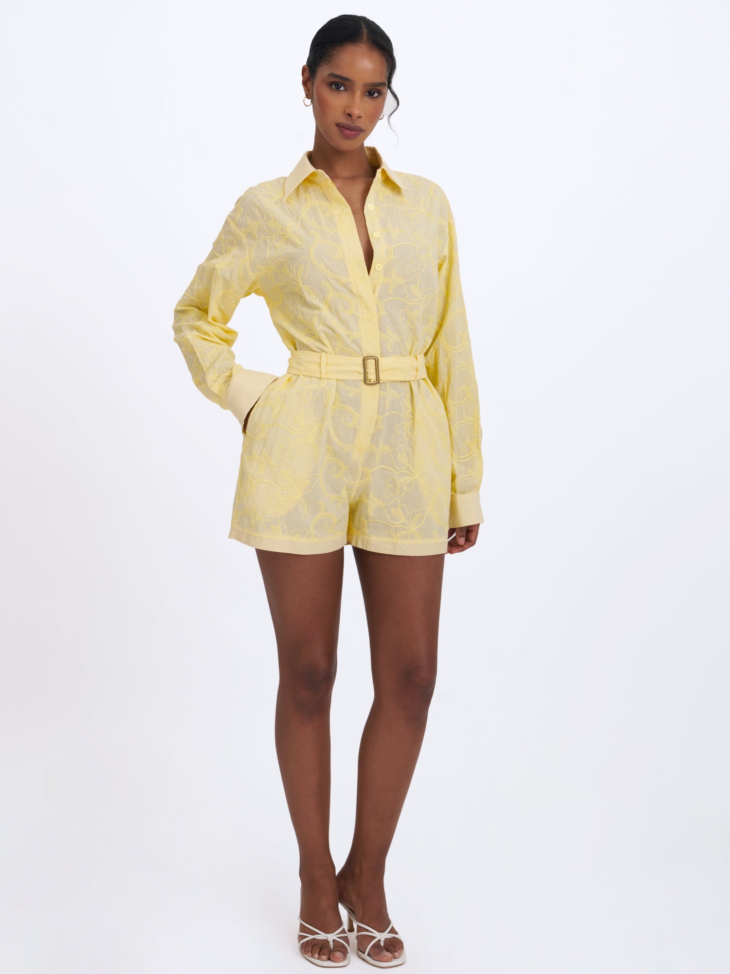 Malou Embroidered Poplin Belted Shirt Romper | Lemon Yellow