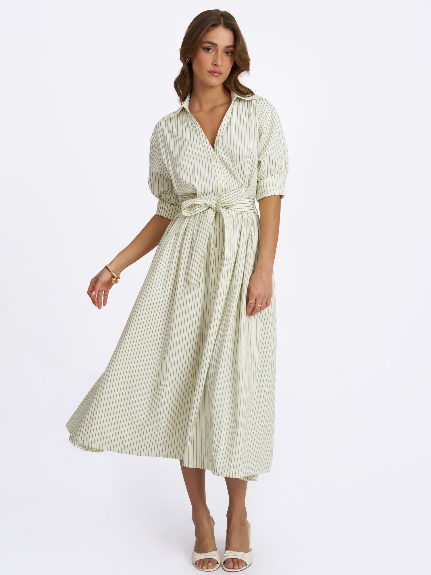 Danica Bamboo Poplin Striped Shirt Midi Dress | Pine Green