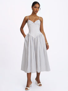 Olea Striped Cotton Poplin Ruched Midi Dress | Sky Blue