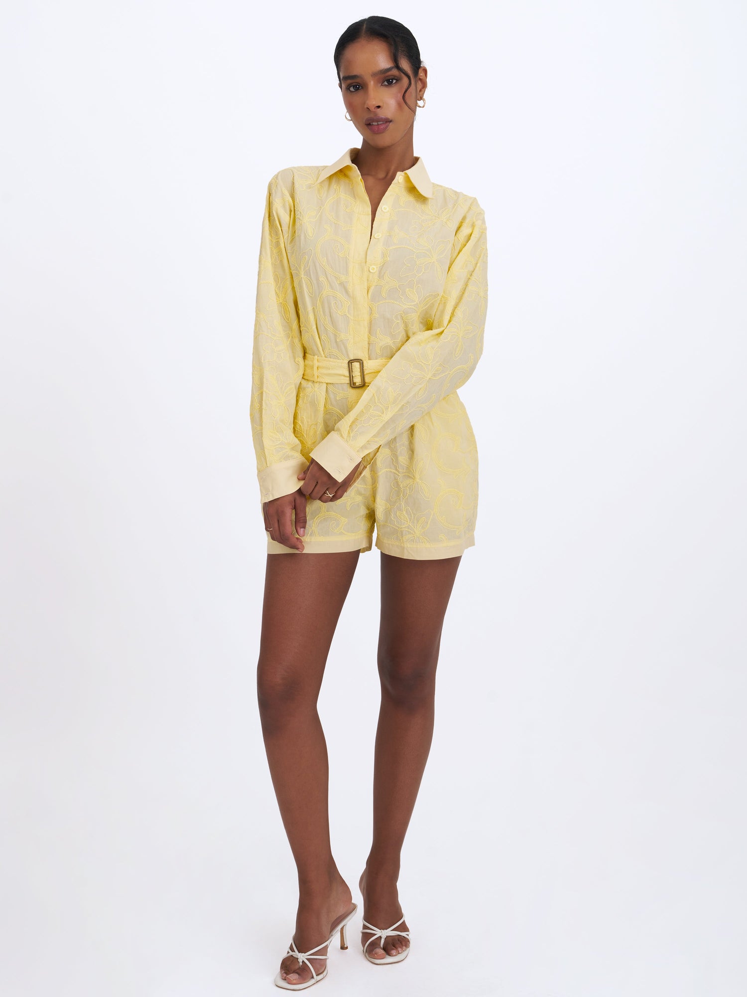 Malou Embroidered Poplin Belted Shirt Romper | Lemon Yellow