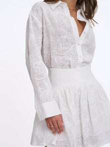 Quisha Embroidered Cotton Gauze Gathered A-Line Mini Skirt | White