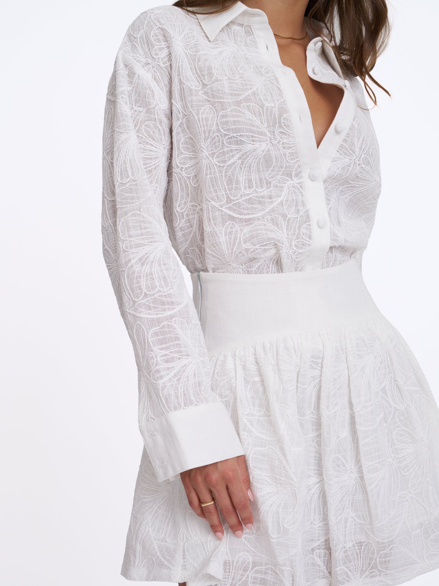 Quisha Embroidered Cotton Gauze Gathered A-Line Mini Skirt | White