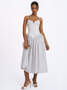 Olea Striped Cotton Poplin Ruched Midi Dress | Sky Blue