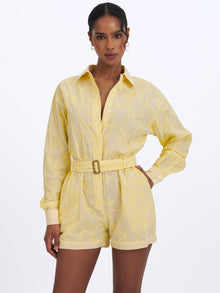 Malou Embroidered Poplin Belted Shirt Romper | Lemon Yellow