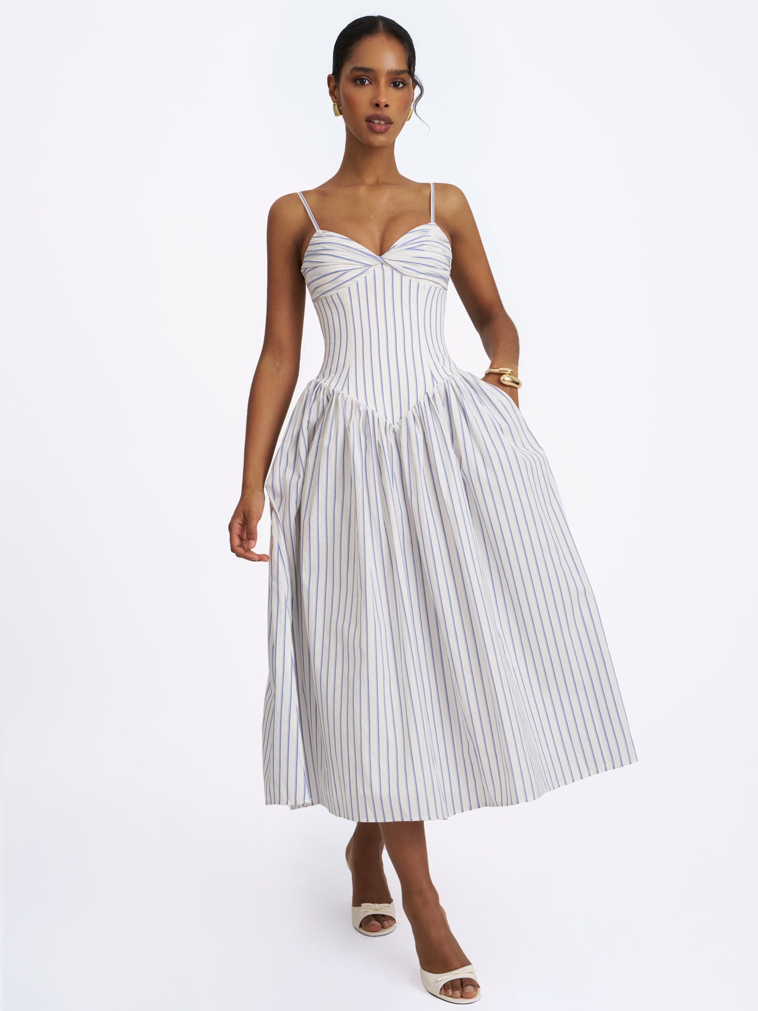 Olea Striped Cotton Poplin Ruched Midi Dress | Sky Blue