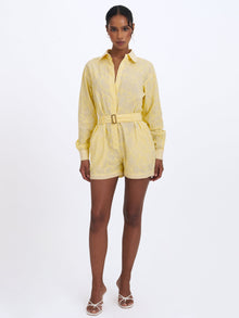 Malou Embroidered Poplin Belted Shirt Romper | Lemon Yellow