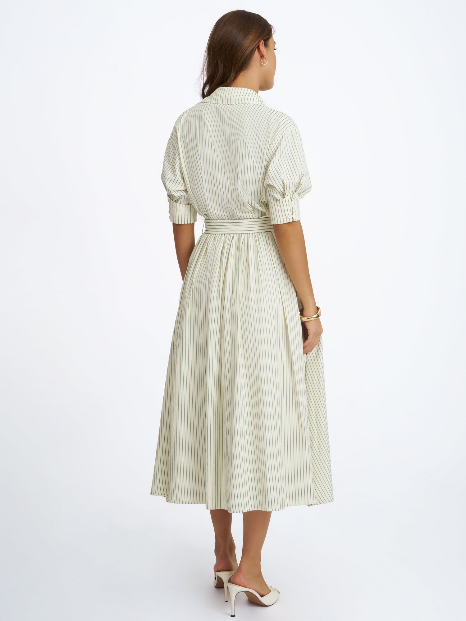 Danica Bamboo Poplin Striped Shirt Midi Dress | Pine Green