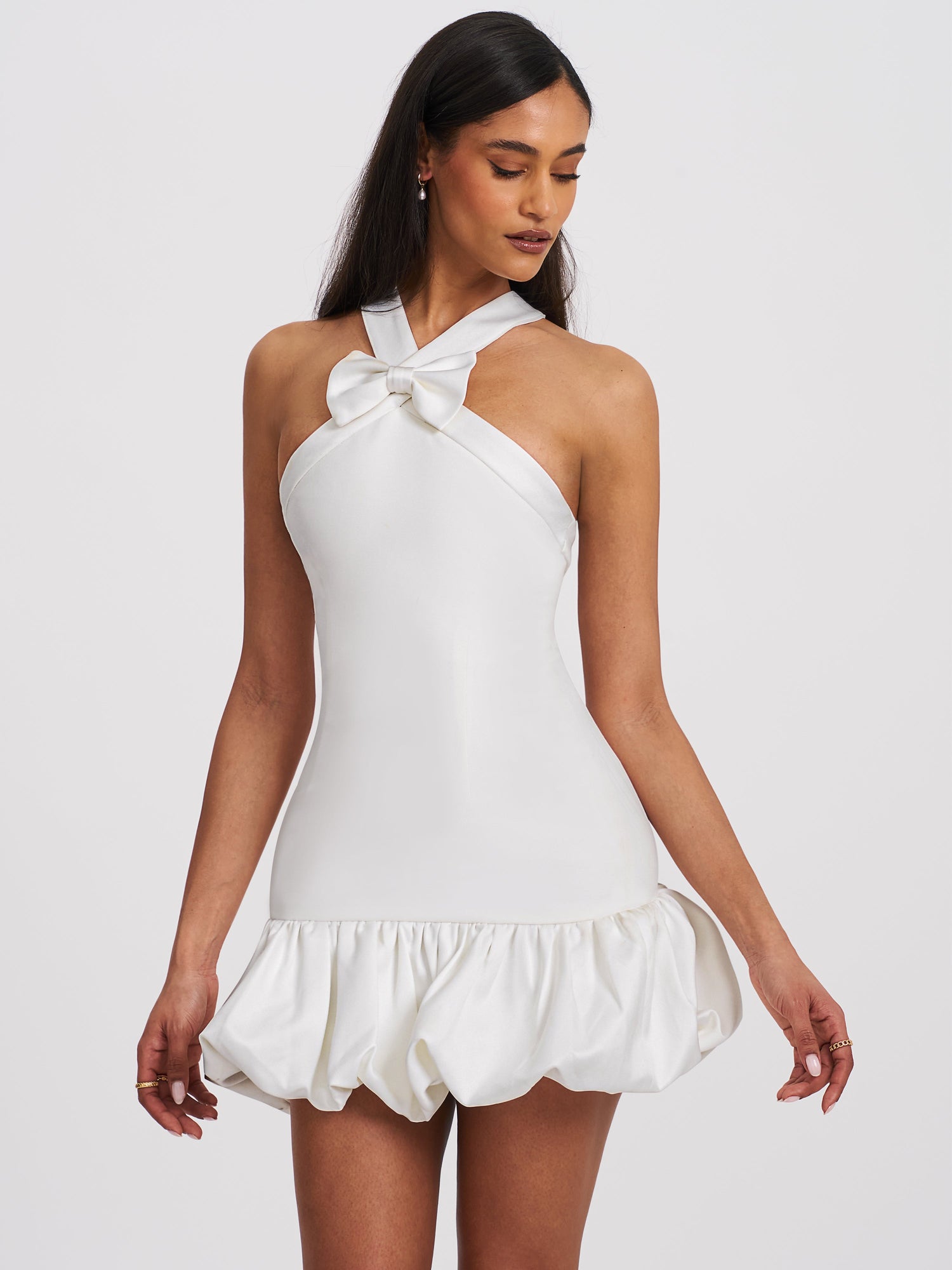 Barbra Cross Straps Bodycon Mini Dress with Bubble Hem | White