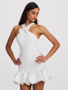 Barbra Cross Straps Bodycon Mini Dress with Bubble Hem | White