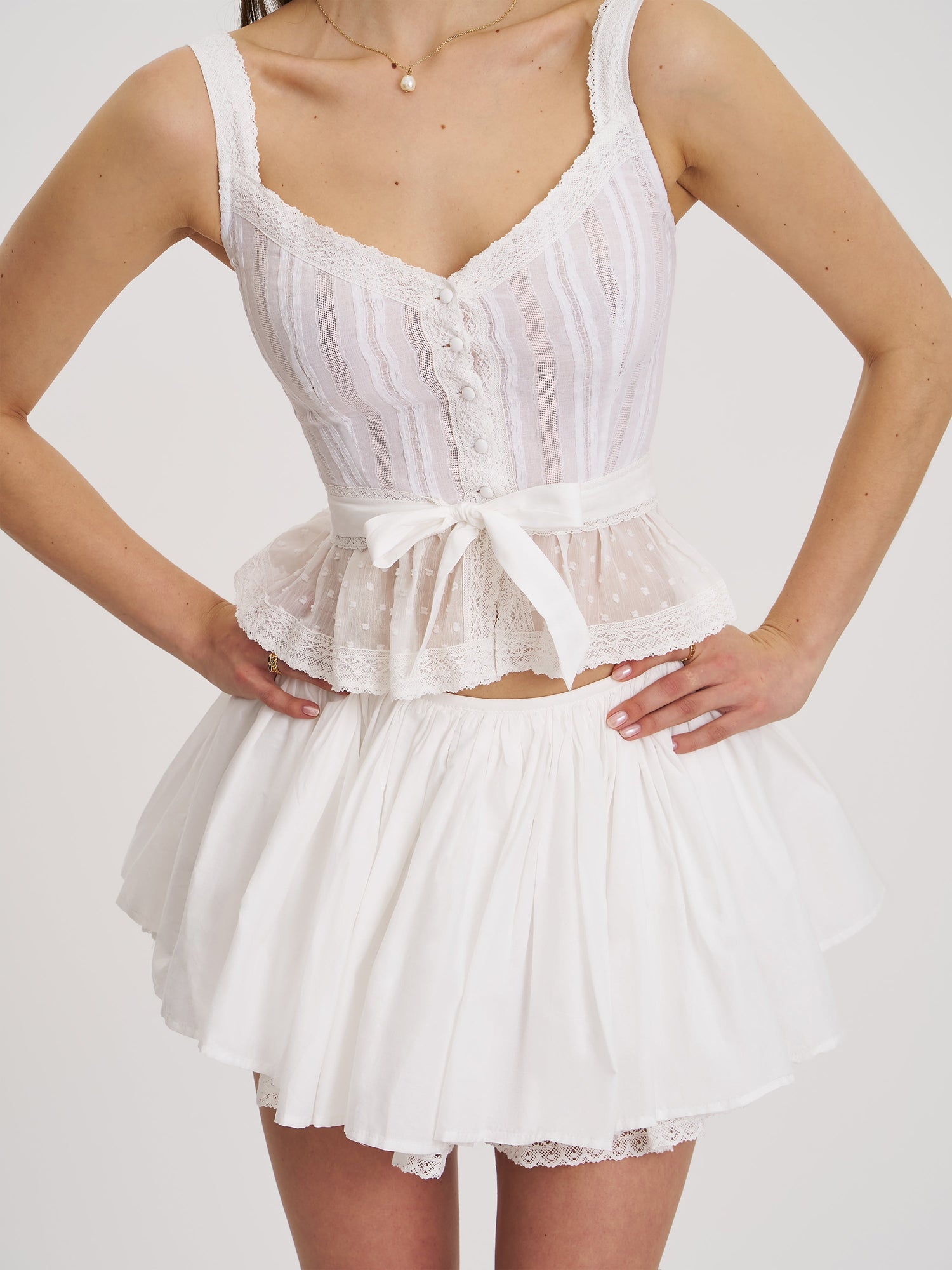 Aliza Cotton Poplin Lace Trim Layered Mini Skirt | White