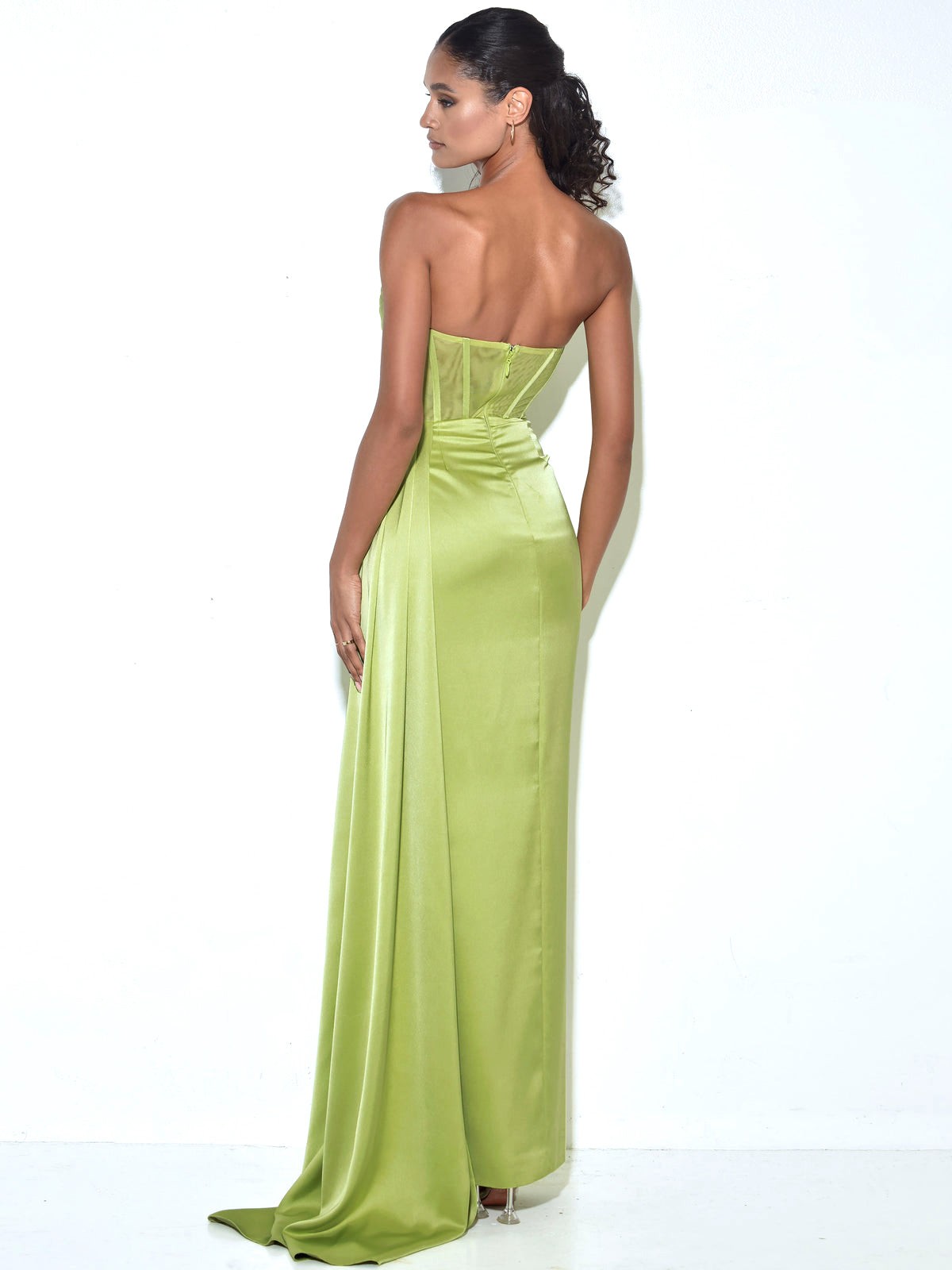 Prisa High Slit Satin Corset Gown | Lime