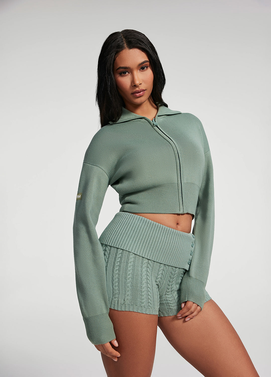 Knit Cropped Zip-Up Jacket | Sage Green