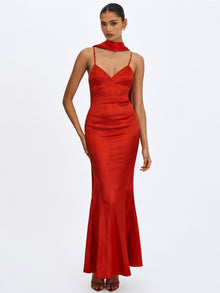 Kelsey Croc-Embossed Flared Hem Maxi Dress with Scarf | Scarlet