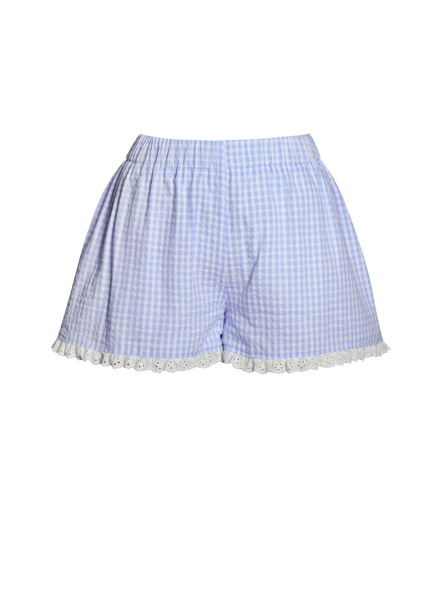 Qutayla Cotton Lace Trim Shorts | Baby Blue Gingham