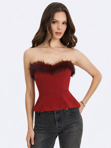 Ivette Fur-Trimmed Peplum Top | Crimson