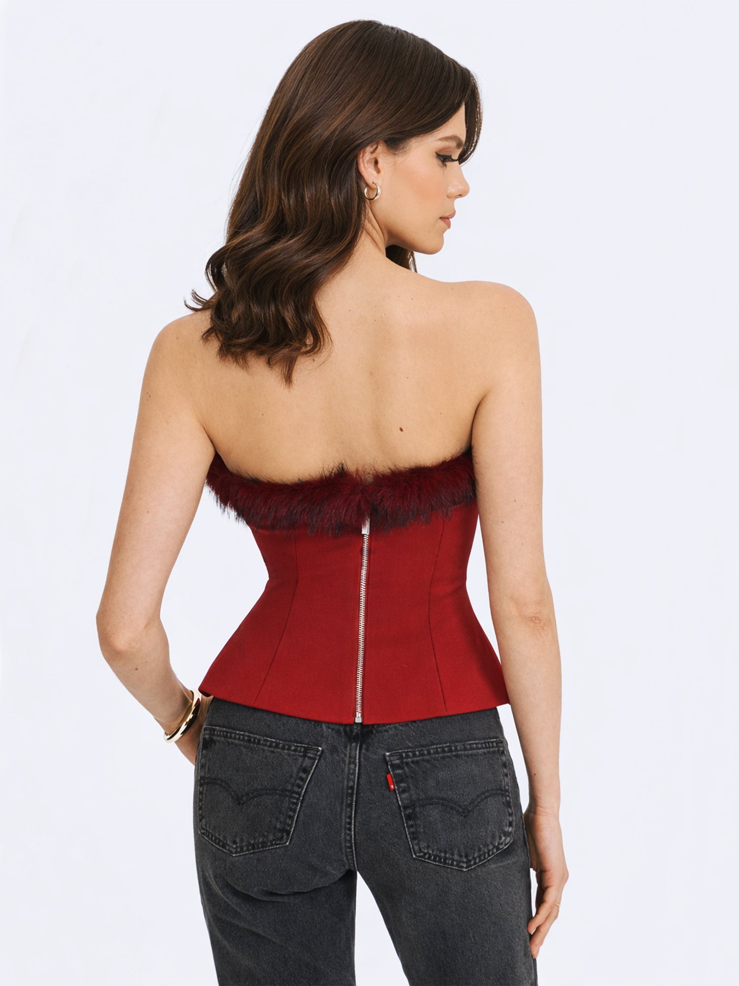 Ivette Fur-Trimmed Peplum Top | Crimson