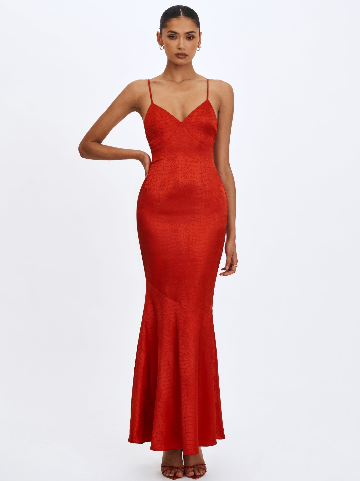 Kelsey Croc-Embossed Flared Hem Maxi Dress with Scarf | Scarlet