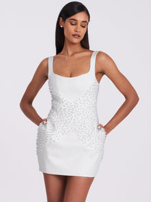 Tais Pearl Beaded Cocoon Shape Sleeveless Mini Dress | White