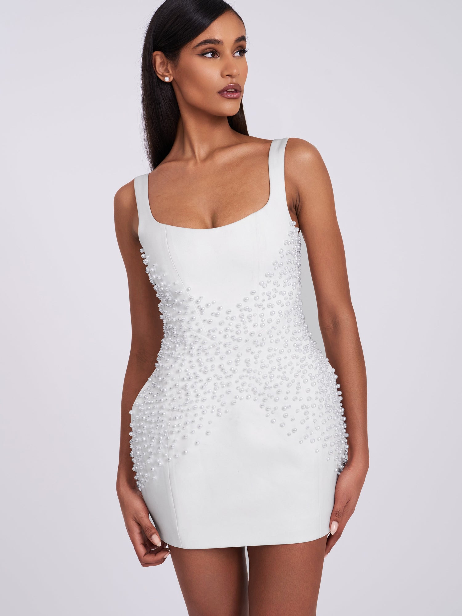 Tais Pearl Beaded Cocoon Shape Sleeveless Mini Dress | White