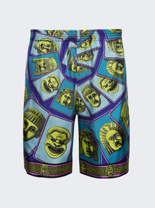 Men | Versace | Twill Silk Mask Print Shorts | Acid Green & Teal