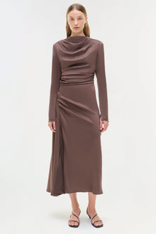 Taupe satin midi dress with cowl neckline, ruched waist, and side slit detail.