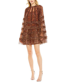 Mac Duggal | Womens | Floral Print Long Flare Sleeve Mesh A-Line Dress | Brown Multi