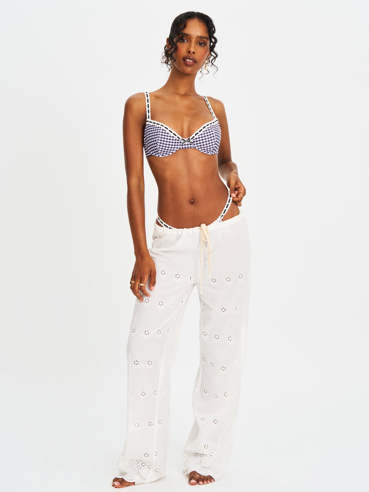 Genevia Gingham Lace Decoration Bikini Bottom | Geneva Gingham