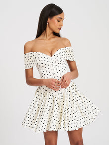 Edeline Polka Dot Off-shoulder Pleated Mini Dress | Black and White Polka Dot