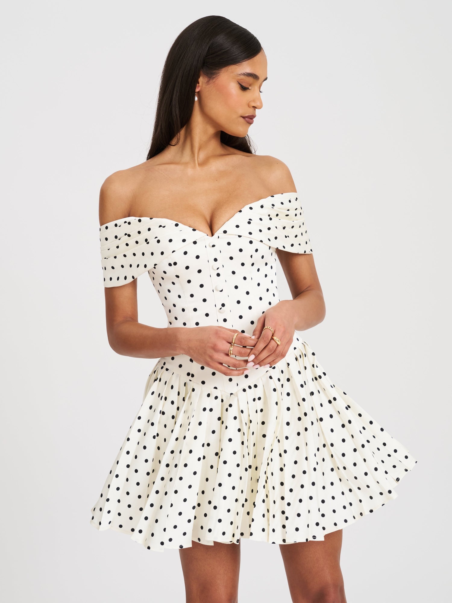 Edeline Polka Dot Off-shoulder Pleated Mini Dress | Black and White Polka Dot