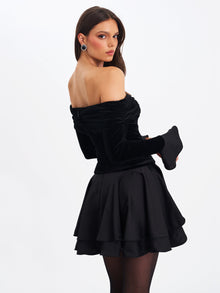 Magnolia Off-Shoulder Layered Satin Mini Dress | Black