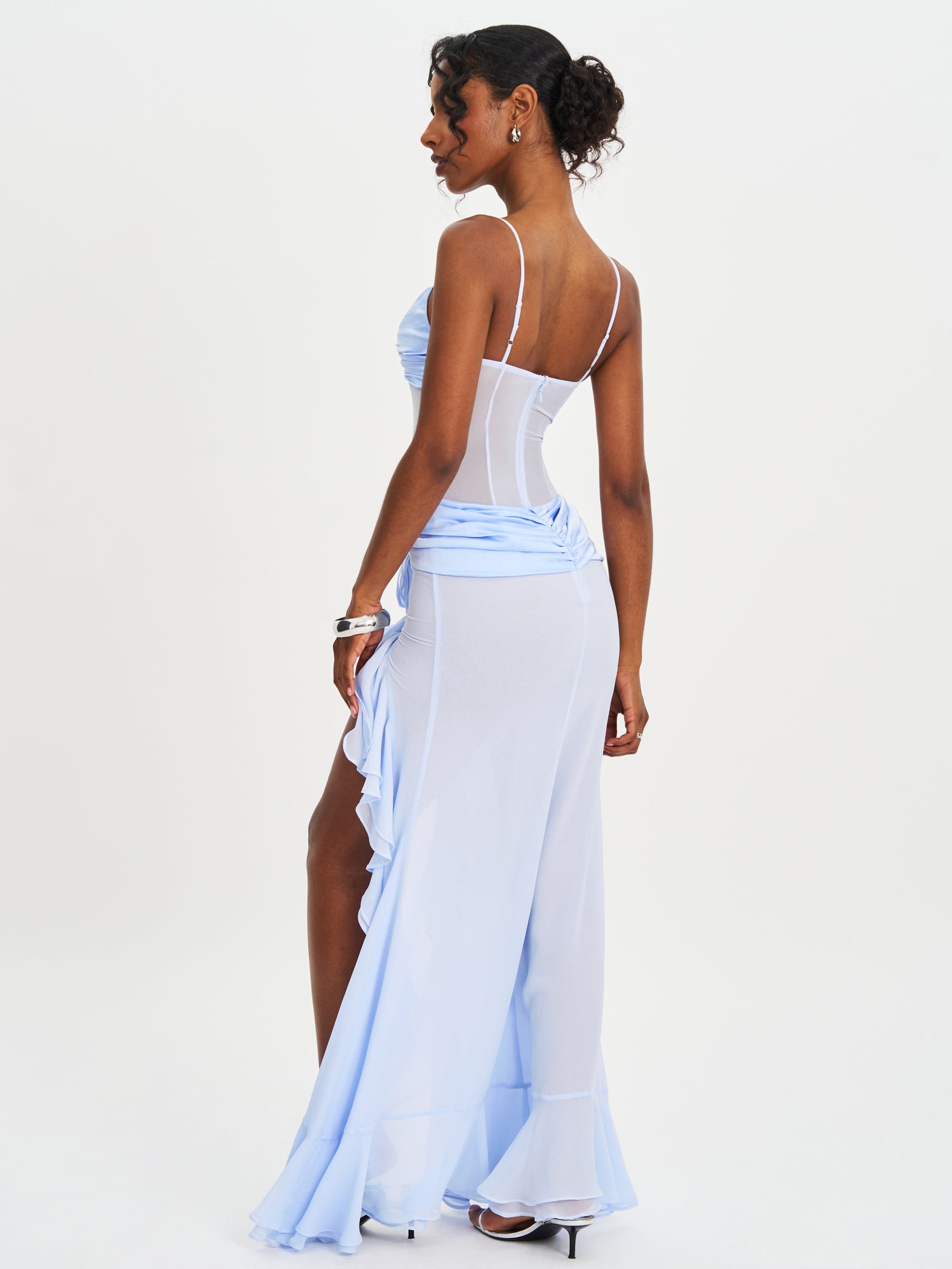 Lacy Ruched Breast High Slit Chiffon Dress | Blue