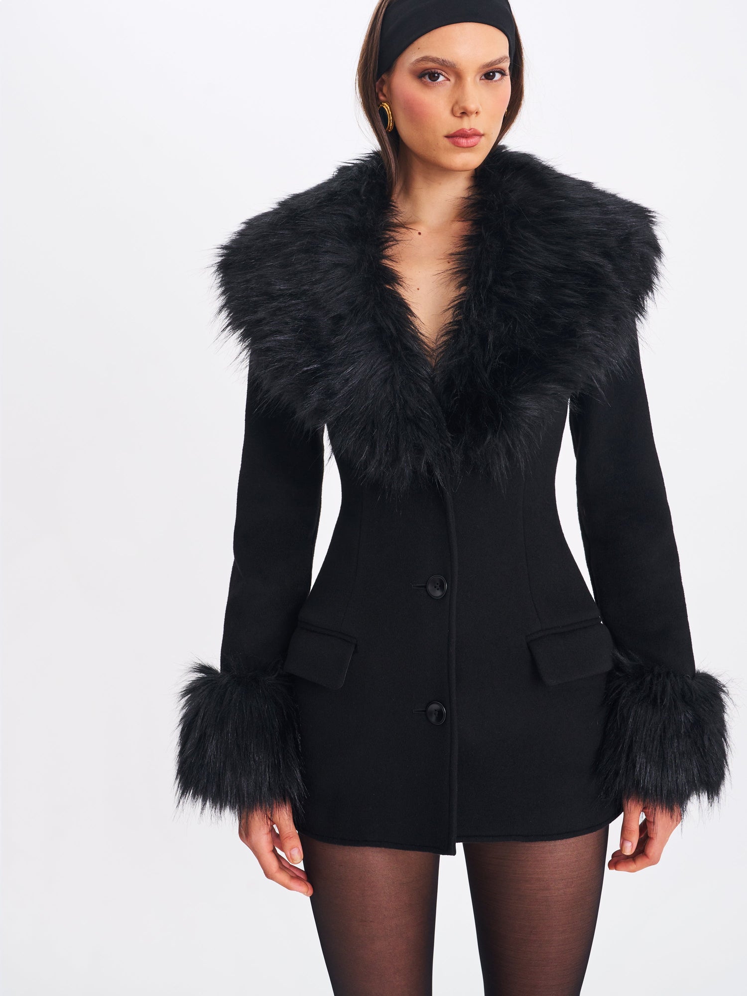 Hailee Single Breasted Wool Blend Mini Coat with Removable Fur Lapel | Black