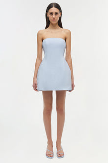 Light blue strapless mini dress with fitted bodice and A-line skirt on model.