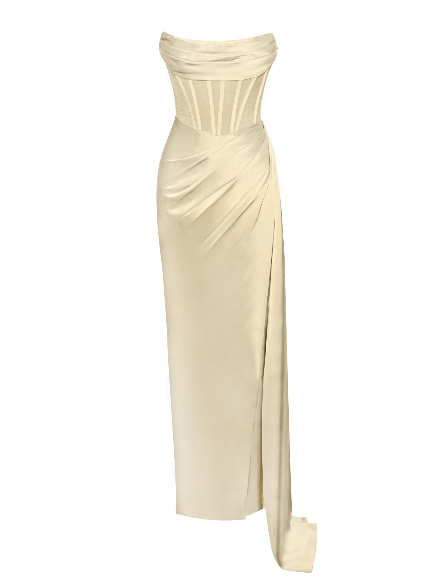 Prisa High Slit Satin Corset Gown | Egg White