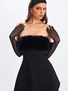 Evelyn Fur-Trimmed Mini A-Line Dress | Black