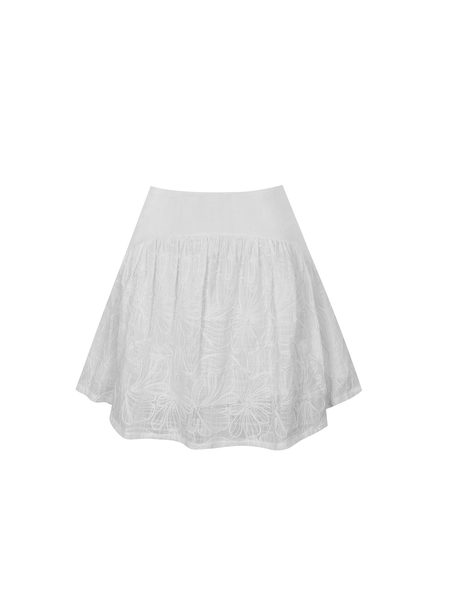 Quisha Embroidered Cotton Gauze Gathered A-Line Mini Skirt | White