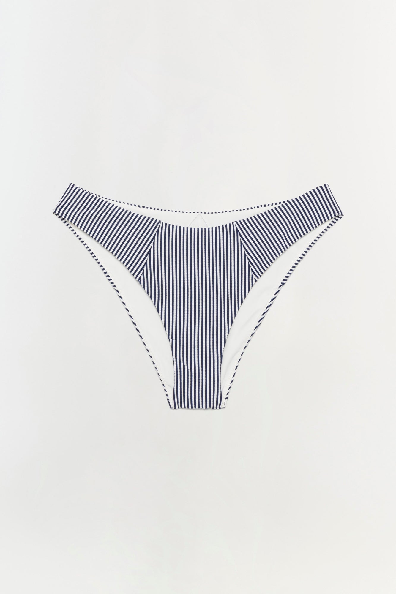 Navy and white vertical striped bikini bottom with ruched sides and curved waistband.