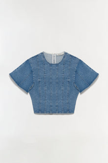 Blue denim top with vertical seaming detail, short puffed sleeves, and a back zip closure.