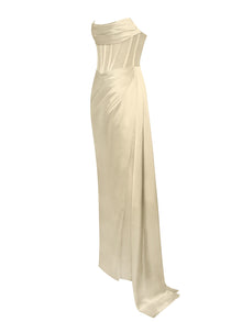 Prisa High Slit Satin Corset Gown | Egg White