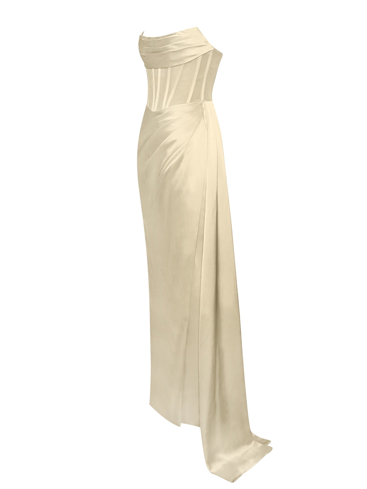 Prisa High Slit Satin Corset Gown | Egg White